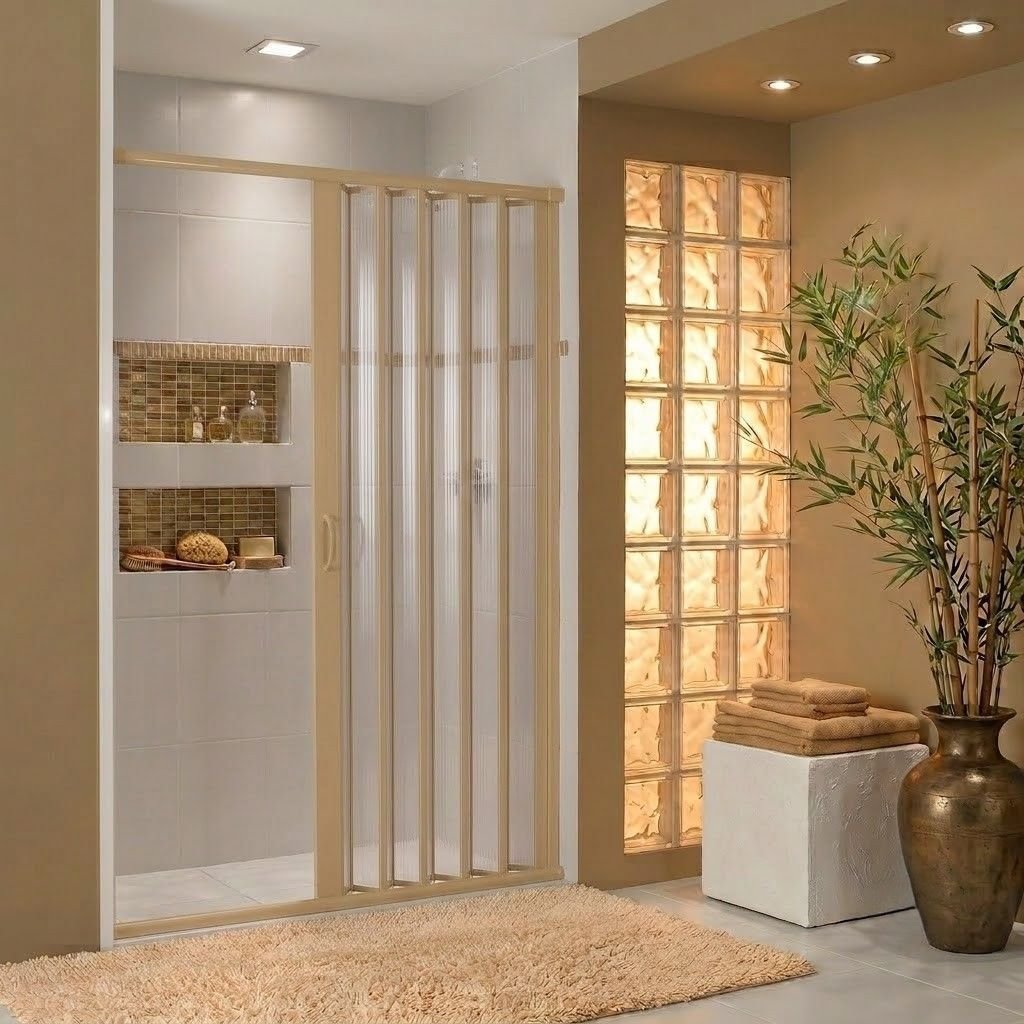 Box para Banheiro de PVC 185x100cm Sanfonado Frontal Bcf Marrom/Bege Bege