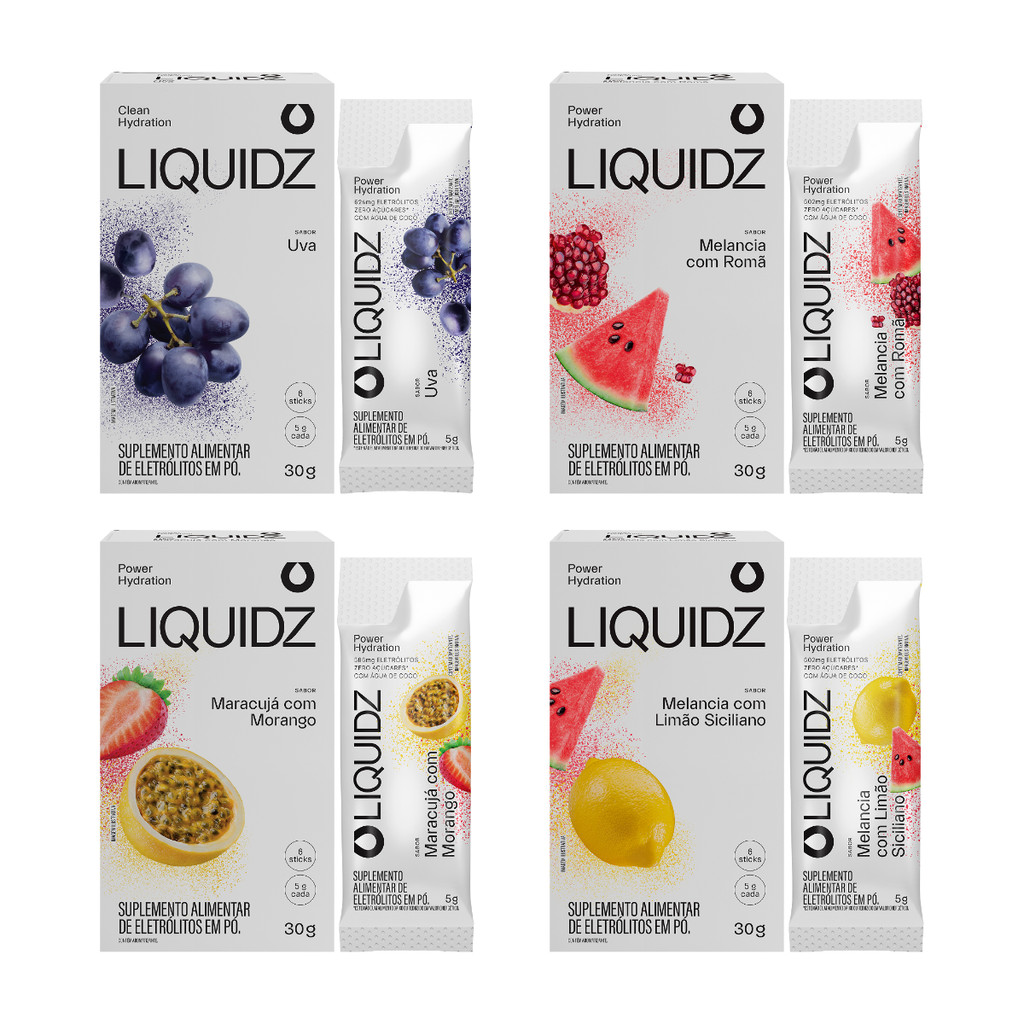 Kit 4 Sabores LIQUIDZ® - Eletrólitos Zero Açúcares - 4 Caixas - 24 sachês