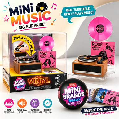 Brinquedo Fonógrafo Jogável ZURU Mini Brands-Reprodutor De Vinil Funcional Com Som Real , Inclui Gravação + Suporte , Pr