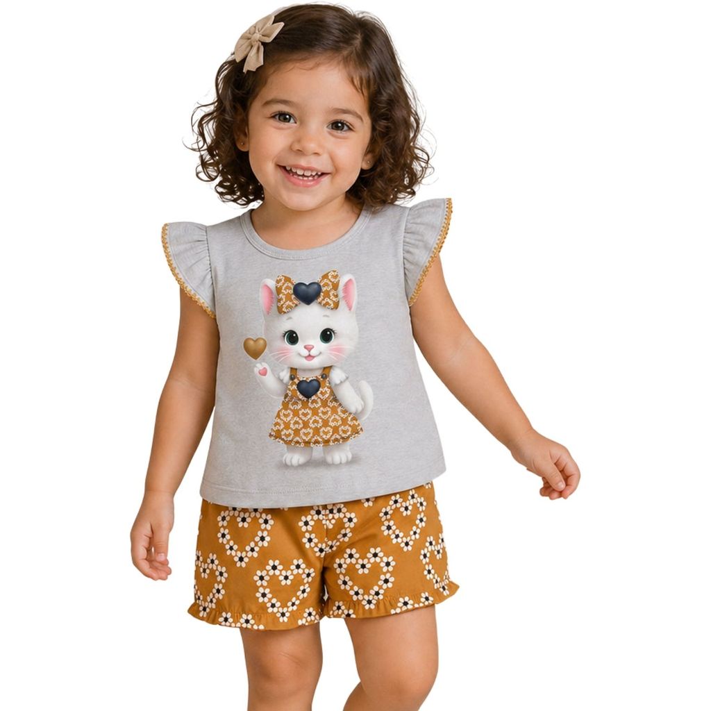 Conjunto Infantil Kyly Menina Mescla White Blusa e Short Estampado 1001790