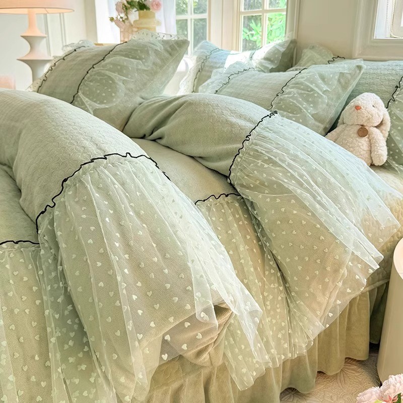 Inverno estilo coreano leite veludo conjunto de quatro peças renda folha colcha capa grossa flanela Coral veludo estilo 