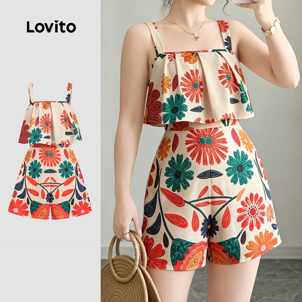 (New Arrival) Lovito Floral Macacão Boho de Estilo Resort com Zíper Primavera/ve