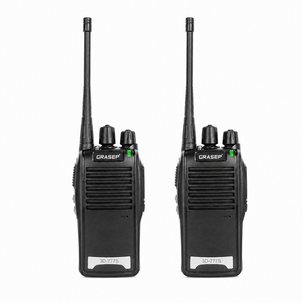 Par de Rádios Walkie Talkie GRASEP 3D-777S UHF 5W 16 Canais com Lanterna e Bater