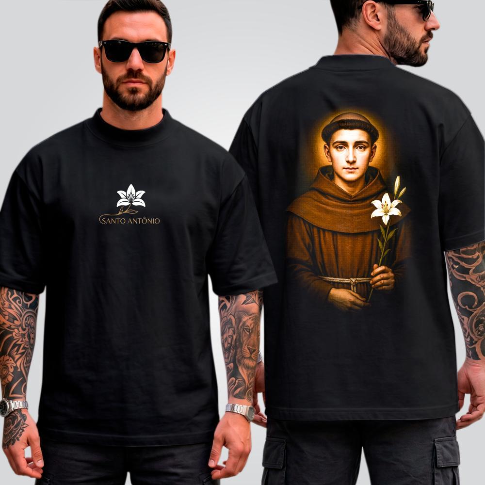 Camiseta Masculina Oversized Suedine Estampada Santo Antônio Streetwear Halftone Cristã