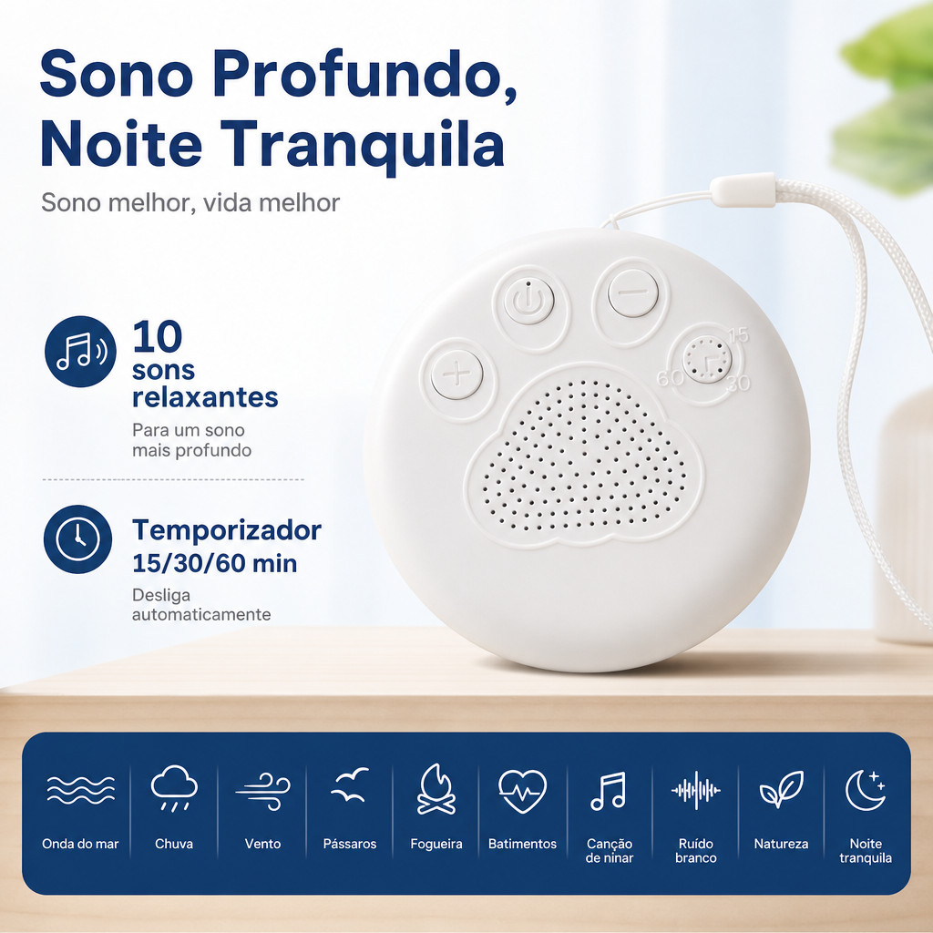 Parelho De Ruído Branco Para Sono | 10 Faixas, Timer 15/30/60min, Bateria 24h | Para Bebês, Mães E Profissionais