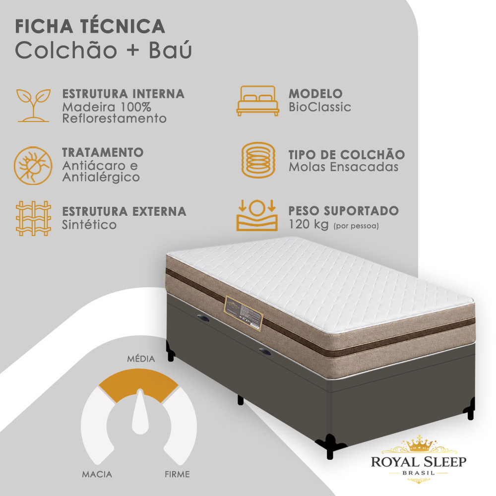 Cama Box Baú Solteiro Sintético + Colchão Molas Ensacadas Royal Sleep BioClassic 88cm — imagem 2 de 2