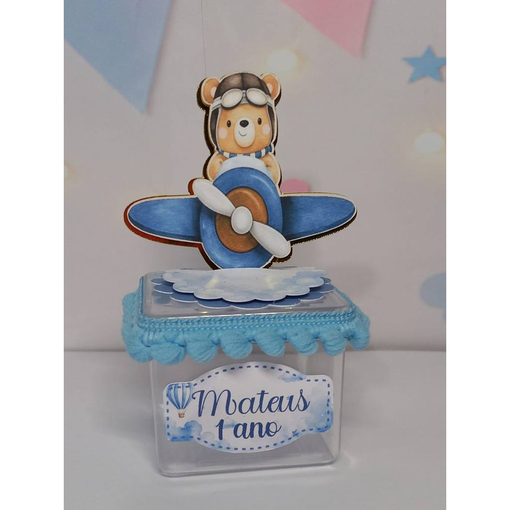 Caixinha Acrílica e Apliques 3d-URSINHO AVIADOR-Personalizado com nome e idade-Festa-Lembrancinhas-Caixa