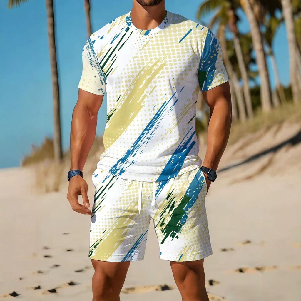 Conjunto masculino estampado de duas peças com shorts com estampa de letras e camiseta casual, traje esportivo de verão 
