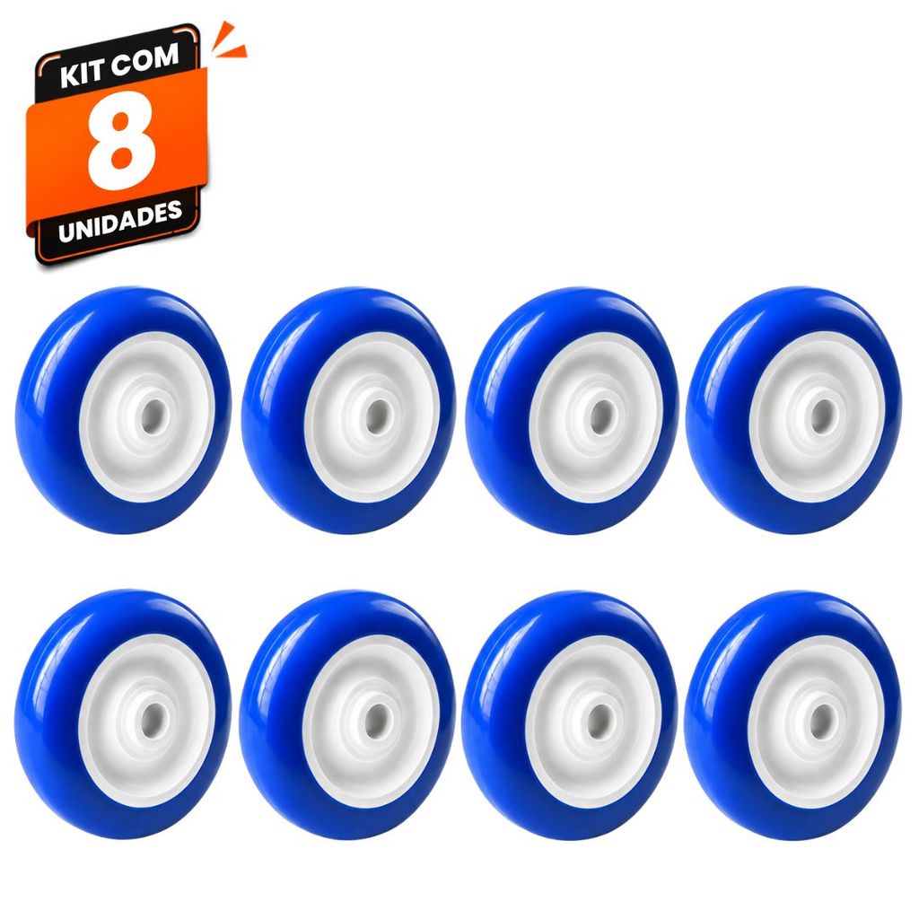 Kit 8 Rodas Rodinhas Carrinho Supermercado Mercado Ajax 4" PVC Azul 100kg Alta Resistência para Carrinhos Comerciais