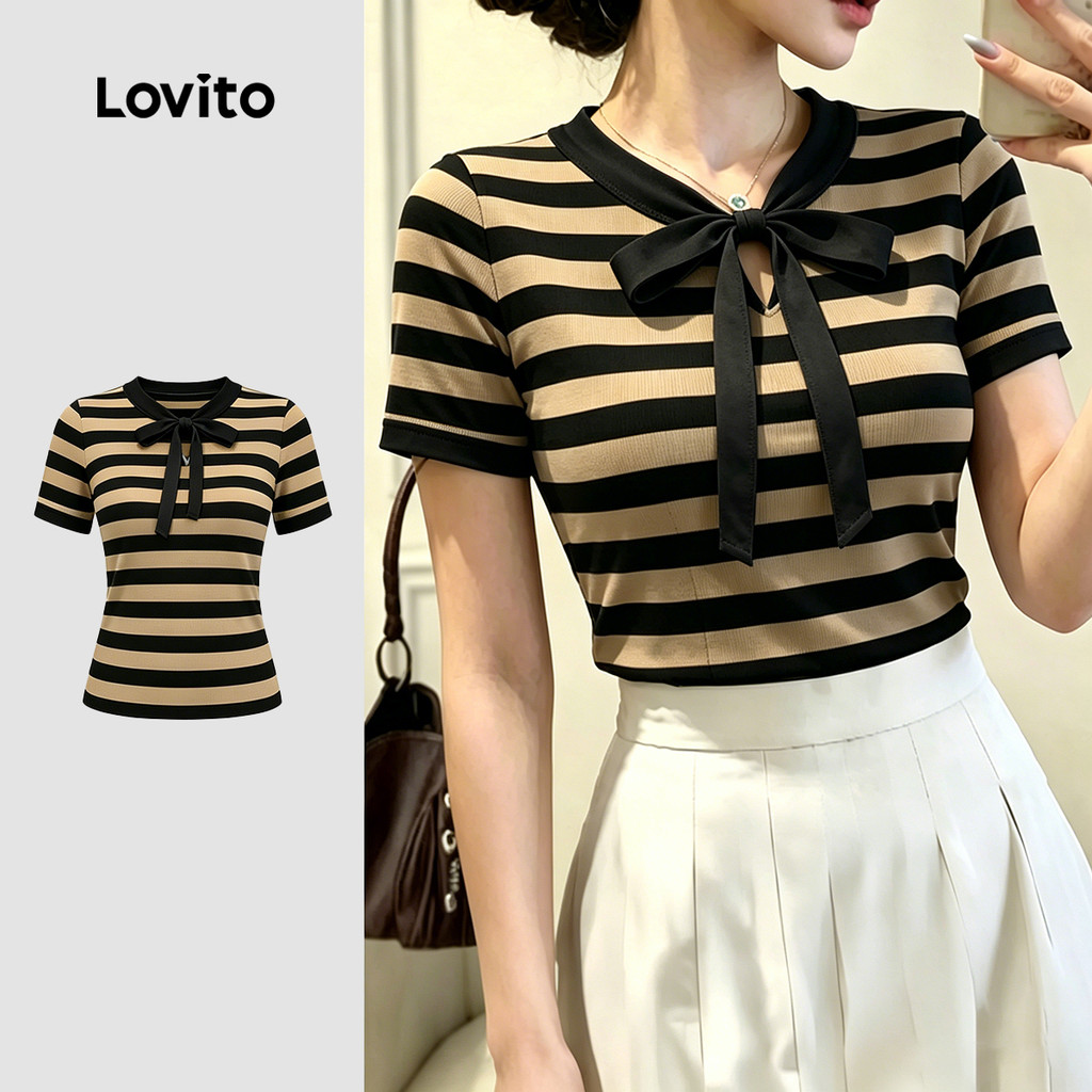 (New Arrival) Lovito Camiseta Casual com Laço Frontal Azul para Mulheres primave
