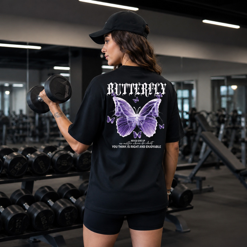 Camiseta Oversized Butterfly Borboleta Never Give Up Fitness Academia Streetwear 100% Algodão Masculina Feminina