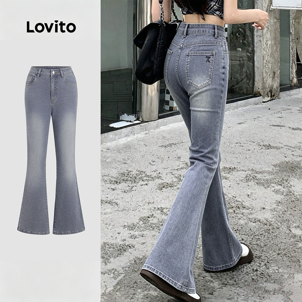 (New Arrival) Lovito Jeans Casuais com Laço e Zíper Jeans Azul Lavado para Prima