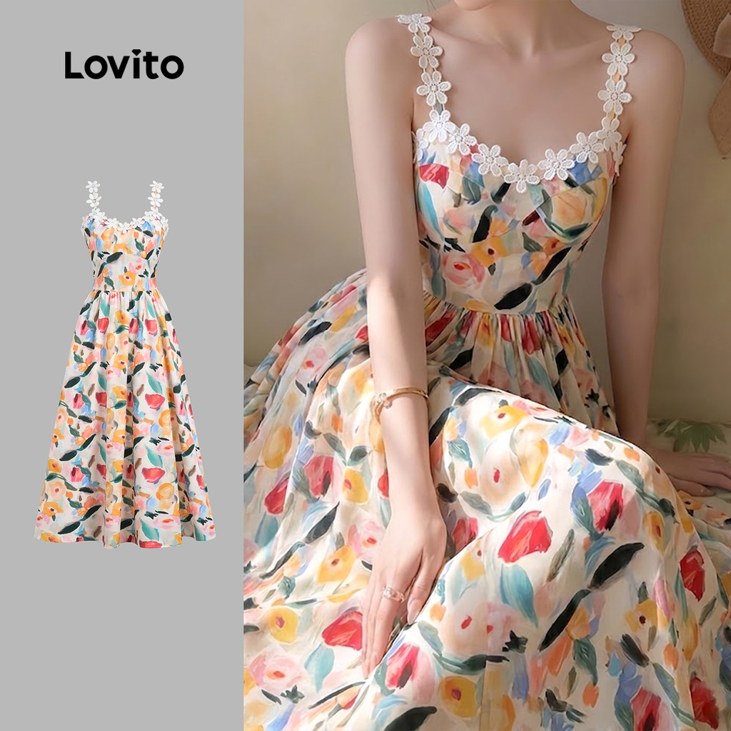(New Arrival) Lovito Vestido Boho Babado com Gola em Zíper Primavera/verão para