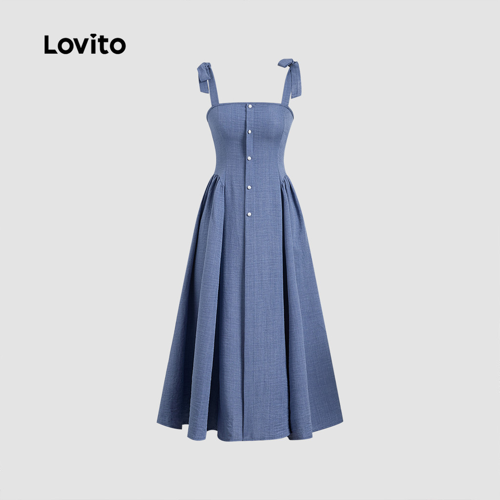 Lovito Vestido Elegante com Laço Frontal e Botões Estilo Resort Primavera/verão Vestido Azulmarinho para mulheres DRB202P2D414 · foto 2