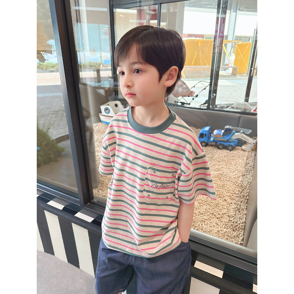 Pequeno fresco ~ meninos macio ceroso listrado camiseta de manga curta verão novo estilo roupas infantis crianças versão