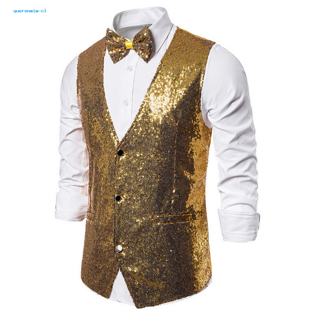 Men Polyester Suit Vest Button Closure Jacket Men's Sequin Bow Tie Set Slim Fit Sleeveless Waistcoat Single-breasted V N