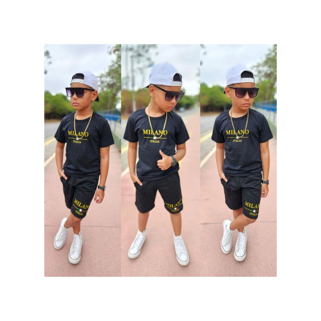 Conjunto Infantil Masculino Camisa de Malha e Bermuda de Moletinho Ambos Algodão Menino Blogueirinho