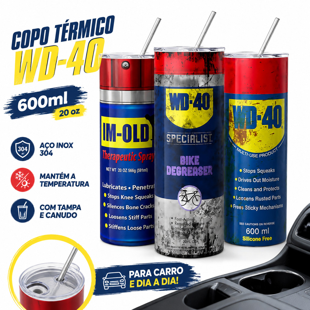 Copo Térmico WD-40 600ml Aço Inox 304 Estilo Lata Com Tampa E Canudo Para Carro