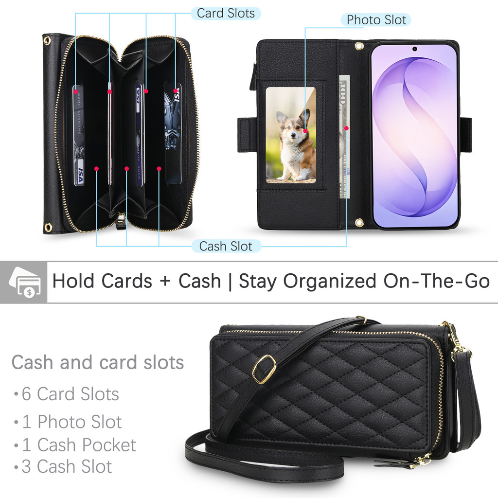 Capa De Couro Com Alça Longa Carteira Zíper Para Samsung Galaxy A36/A56/A37/A27/