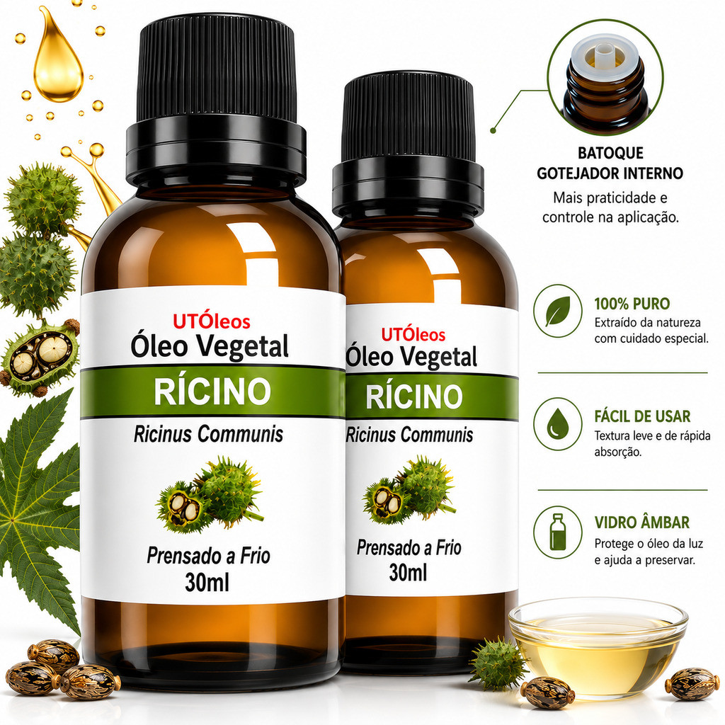 RÍCINO Óleo Vegetal 30ml para Cabelo Sobrancelhas Barba Pele e Unhas Uso Diário Facial e Corporal