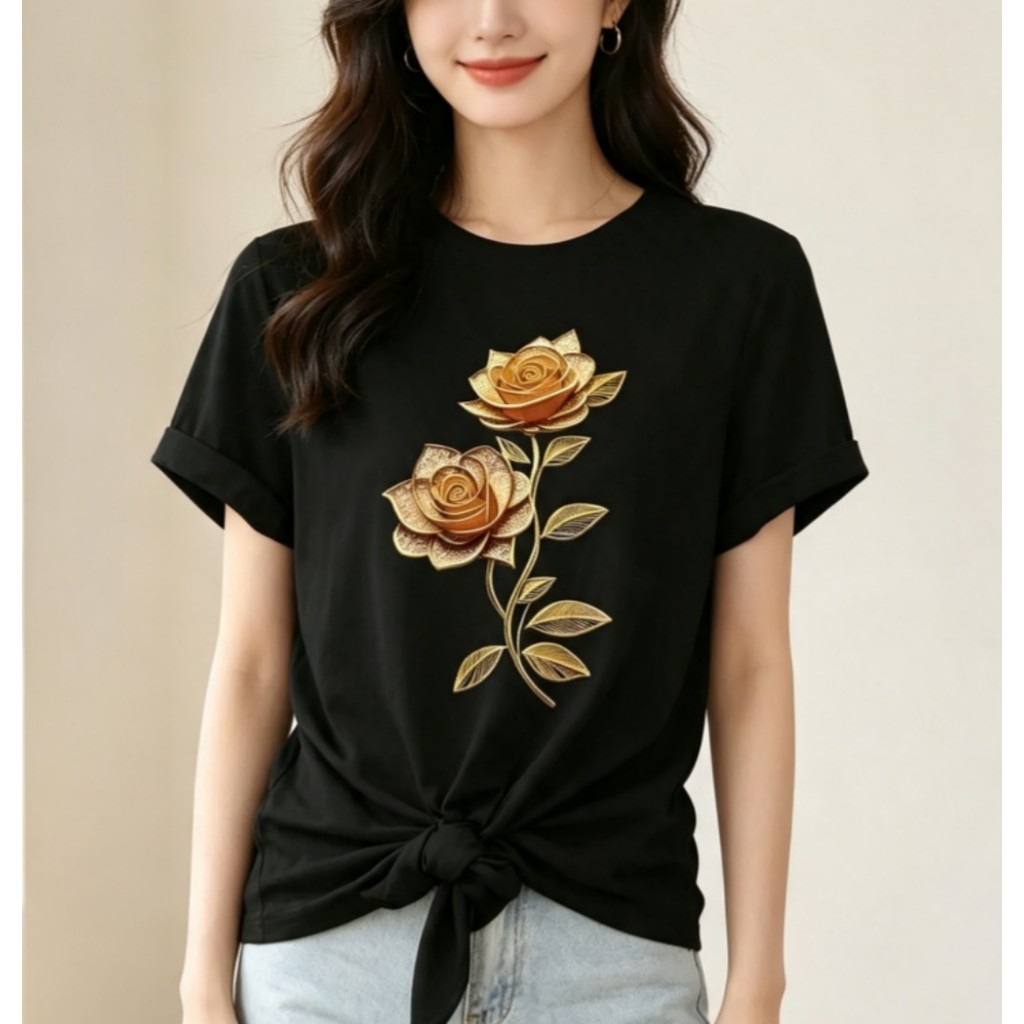 Camiseta Feminina 100% Algodão Com Estampa Elegante De Rosas Douradas Confortável Para O Dia A Dia