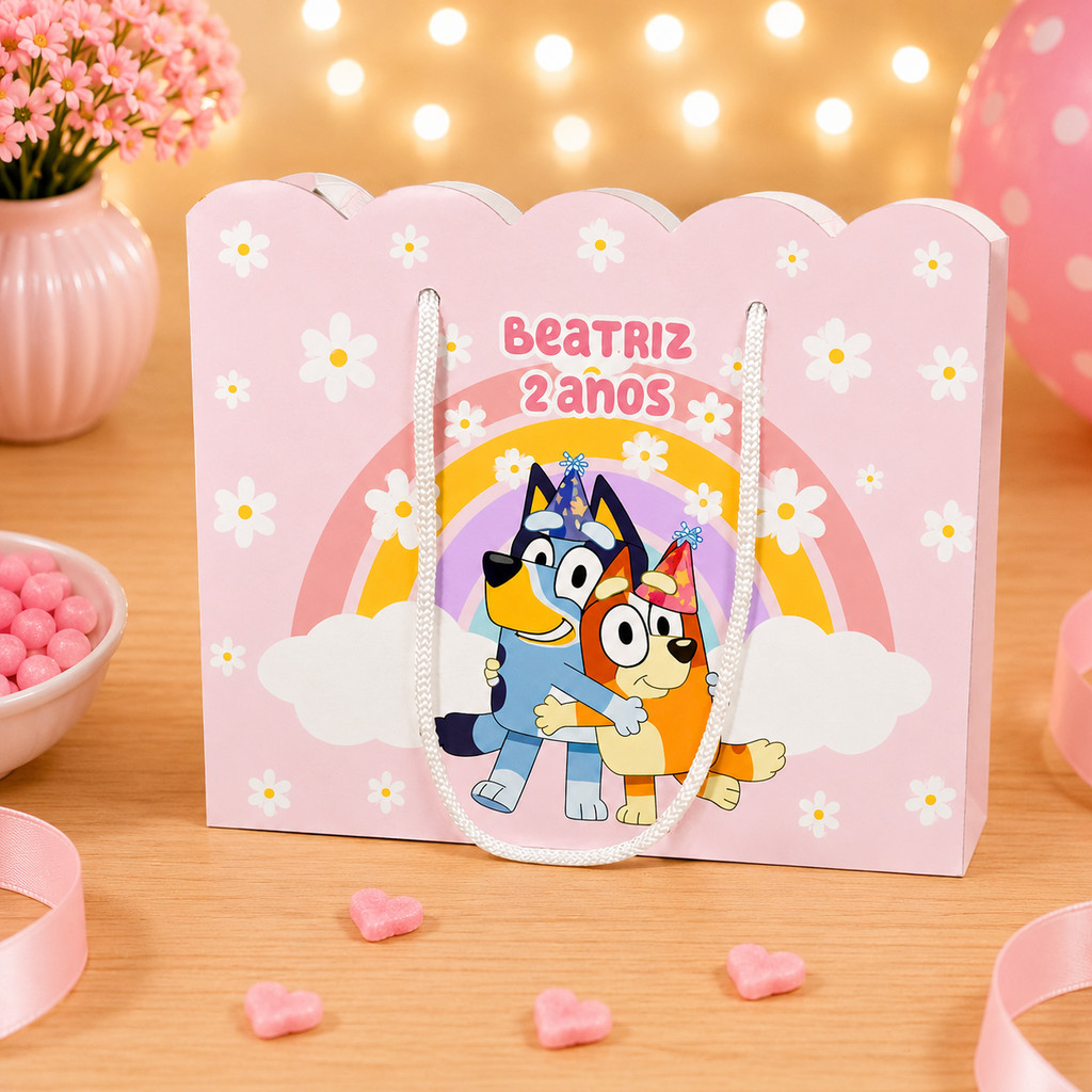 Sacolinha Personalizada Tema Bluey e Bingo Rosa para Lembrancinhas de Aniversário.