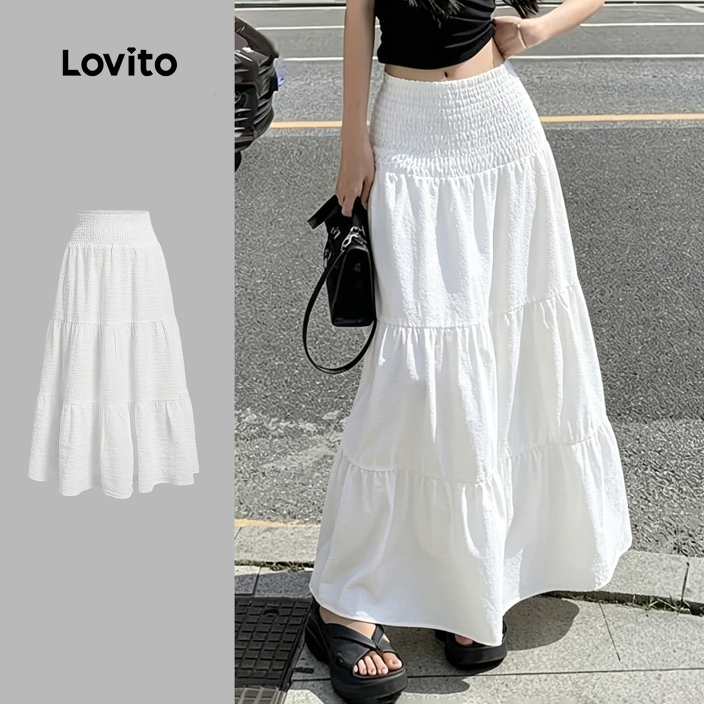 (New Arrival) Lovito Saias Casuais com Camadas em Jacquard com Elástico Na Cintu