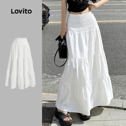 Lovito Saias Casuais com Camadas em Jacquard com Elástico Na Cintura Primavera/verão Brancas LK7LD1065
