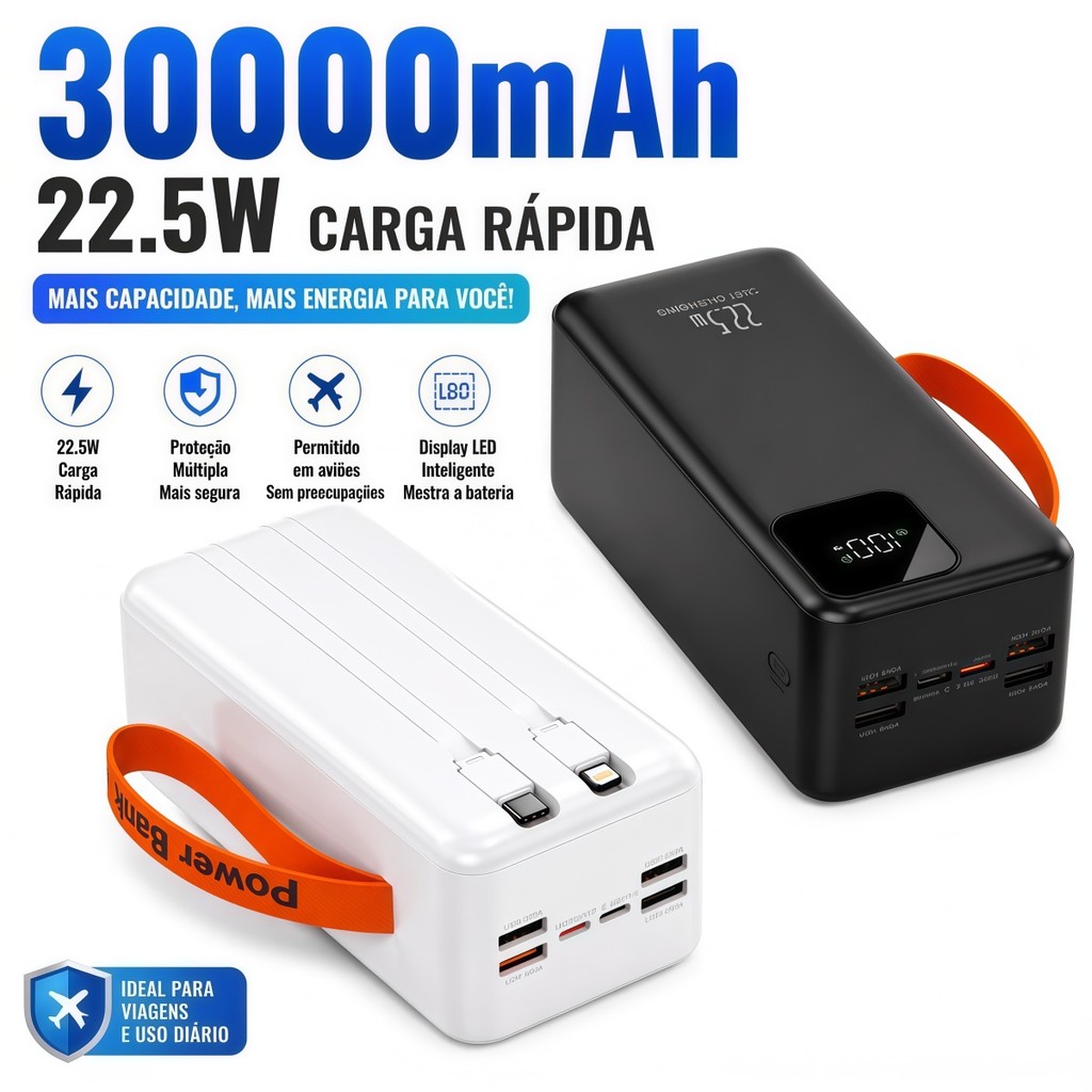 Carregador Portátil 30000mAh com Saída PD 22.5W, Bateria Externa de Alta Capacidade para Notebook e Celular.