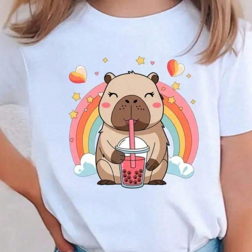 Camiseta Infantil Feminina Capivara Arco-Íris Menina Kids 100% Algodão Malha 30.1 Premium Estampada Confortável