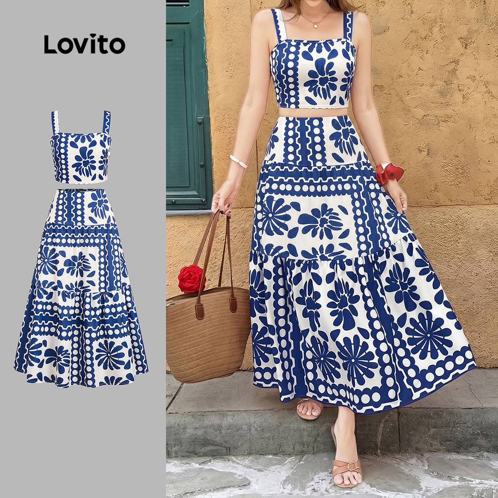 Lovito Férias Tops ou calças plissadas primavera/verão tops ou calças para mulhe
