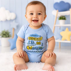 Body Bebê Meu Primeiro Dia das Crianças Manga Curta Azul Menino Colorido Festa