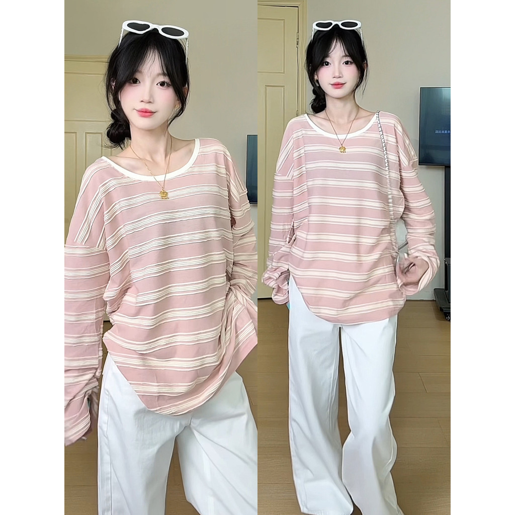 Estilo coreano rosa listrado manga comprida camiseta feminina 2026 novo estilo outono solto simples preguiçoso solto sen