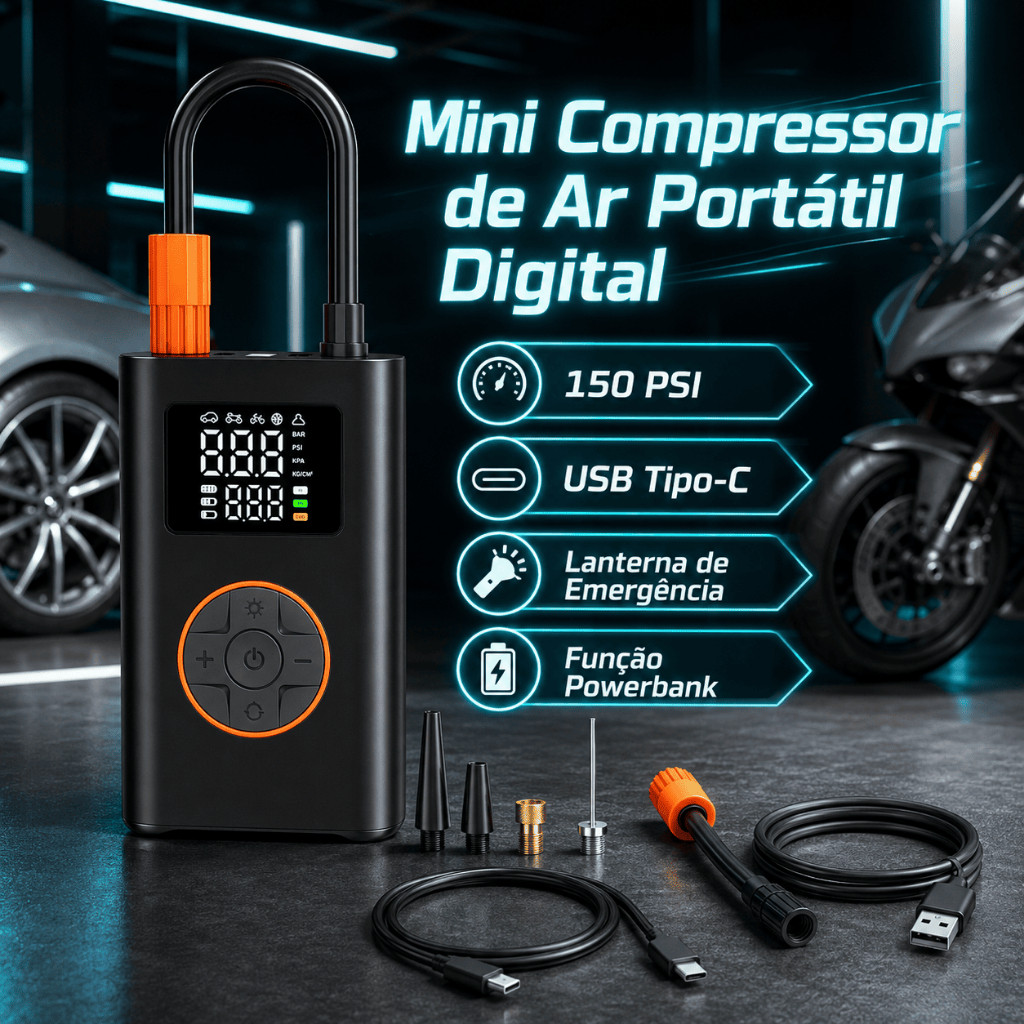 Mini Compressor de Ar Portátil Digital 150 PSI Recarregável Pneu Carro Moto Bicicleta Bola