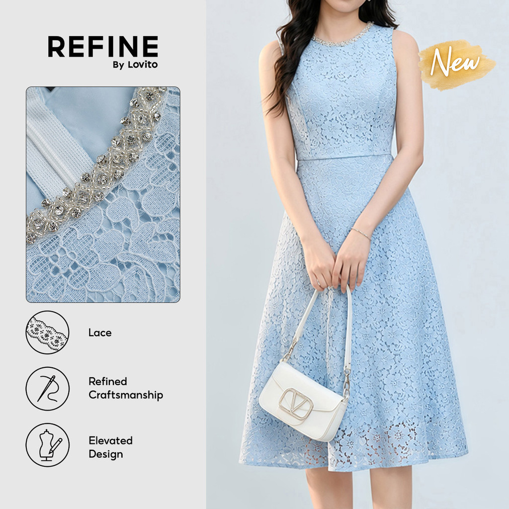 (New Arrival) (Refine by Lovito) Vestido Floral De Renda Com Strass Longo E Evasê Azul Claro Para Mulheres Festa/Formal DRR43P1D064
