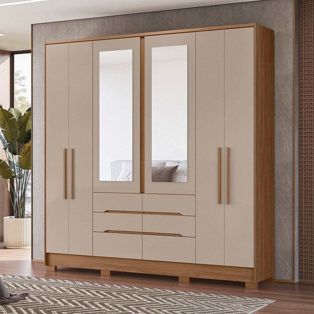 Guarda Roupa Casal 6 Portas 6 Gavetas 2 Espelhos e Pés San Francisco Marrom/Carvalho/Fendi Carvalho/Fendi