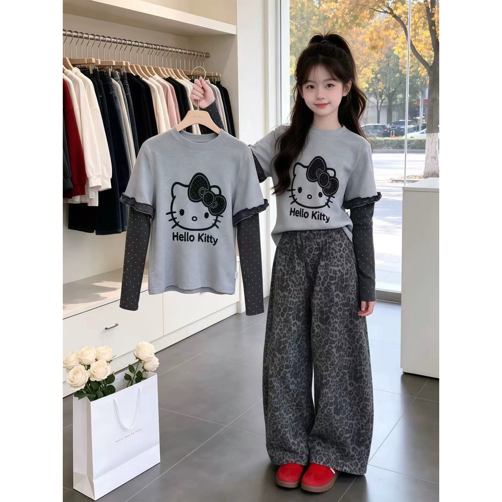 Meninas primavera outono terno 2026 novo estilo kt gato falso de duas peças de manga comprida camiseta leopardo impressã