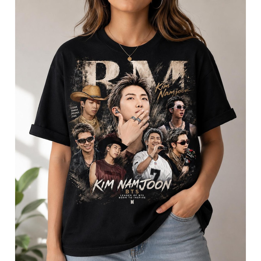 Camiseta Masculina Feminina Oversized Estampa RM Kim Namjoon BTS T‑shirt Streetwear Camiseta Vintage K‑pop Ídolo Coreano
