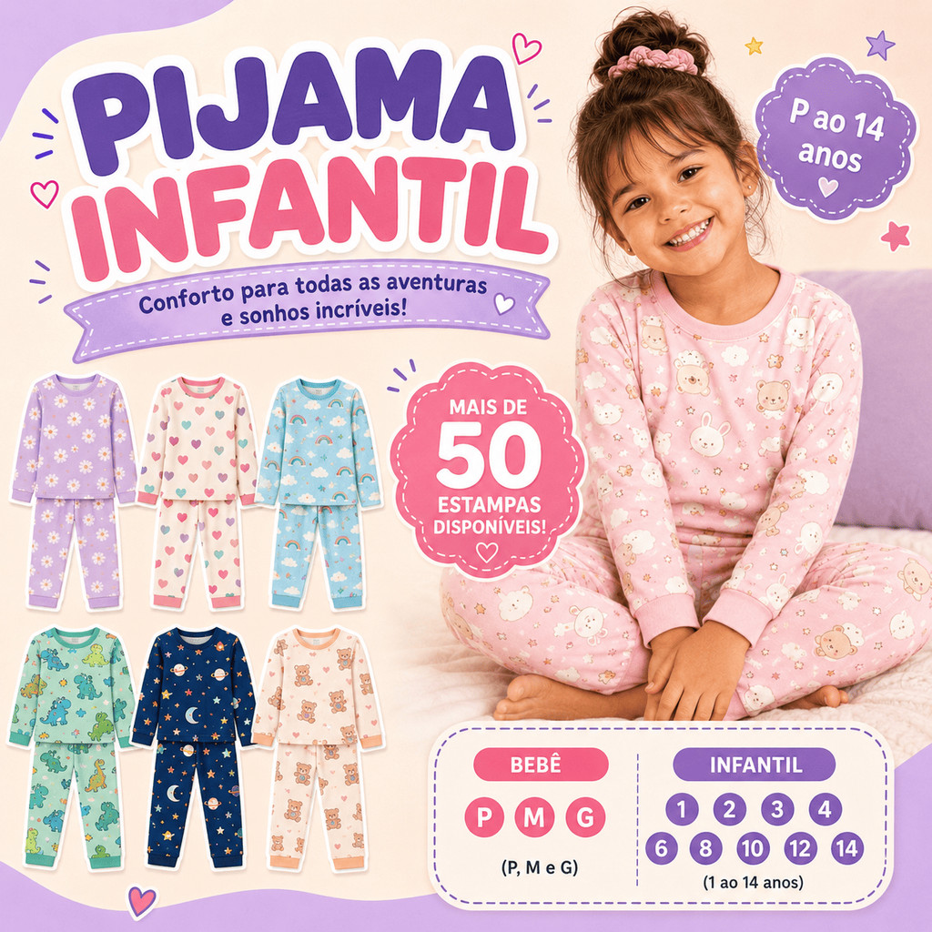 Pijama Infantil Menina Criança Inverno Manga Longa Comprida Calça Blusa 2 Peças Estampas Sortidas Roupa de Dormir