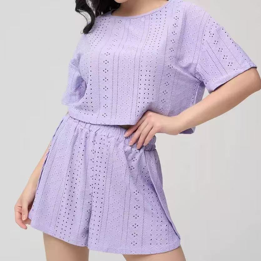 Cross-Border estilo ao vivo confortável solto cor sólida oco pijamas Shorts de manga curta de duas peças Plus Size senho