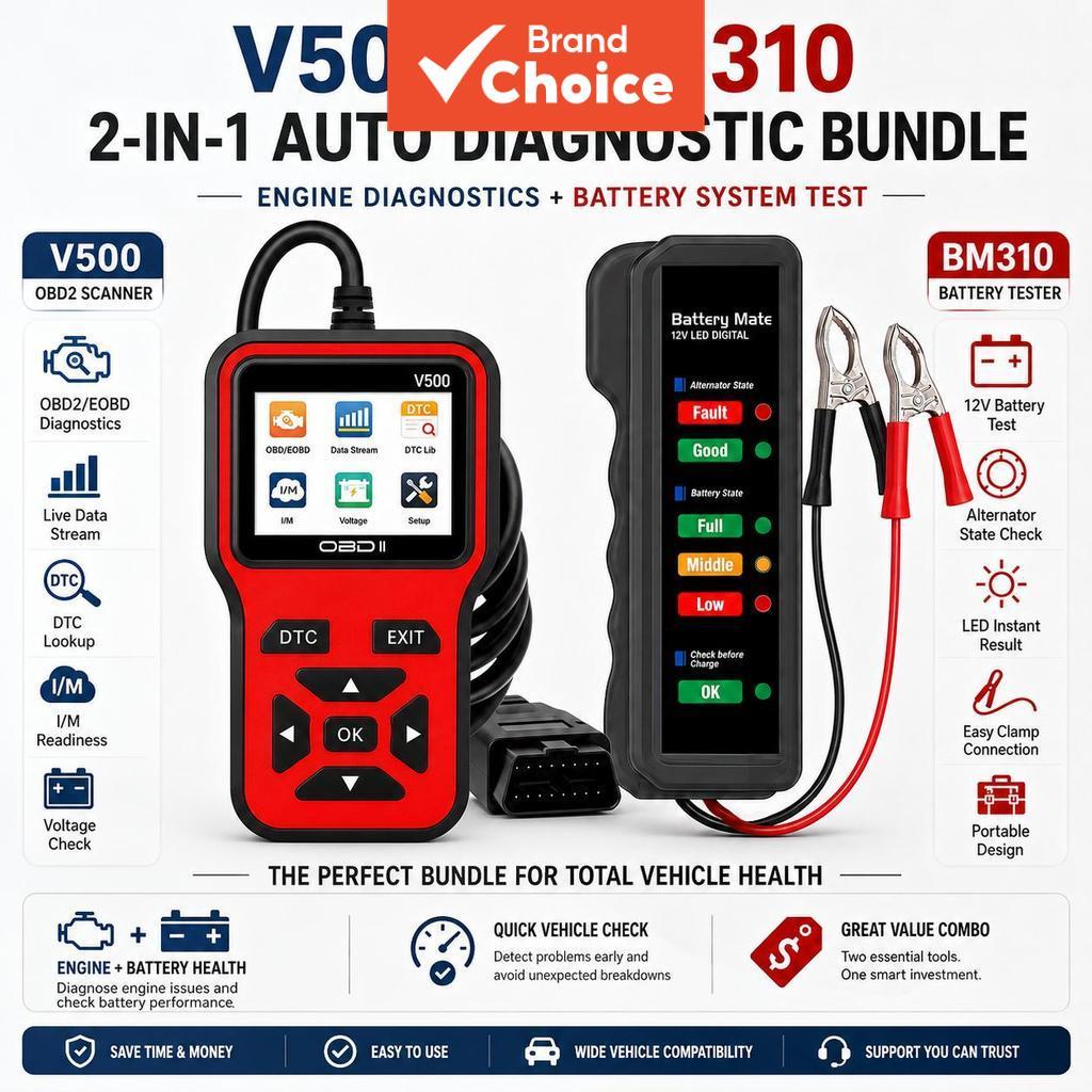 Scanner De Leitor De Código V500 Obd2 Com Testador De Bateria Bm310 Conjunto De Ferramentas De Teste De Tensão De Diagnó
