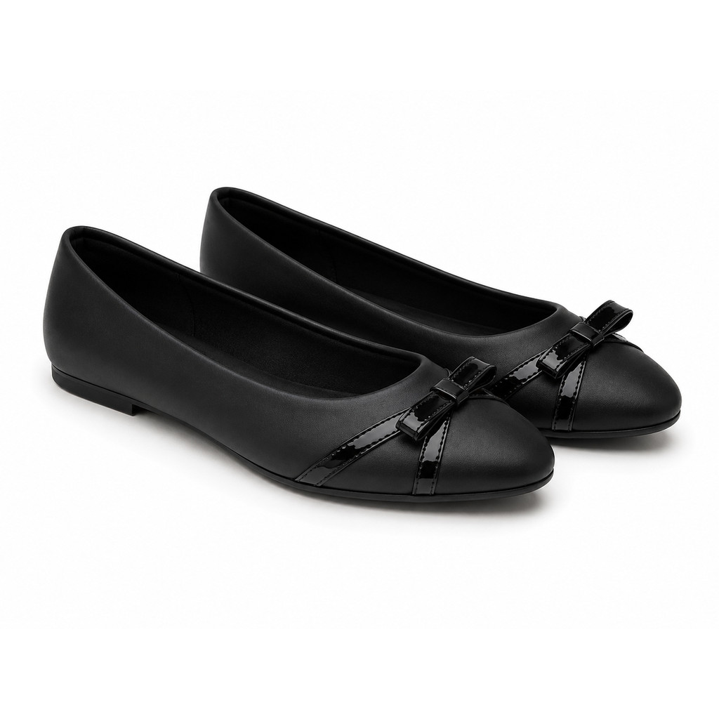 Sapatilha Feminina Preta Confortável Com Laço Delicado Casual Elegante Clássica Bico Redondo Baixa Para Trabalho