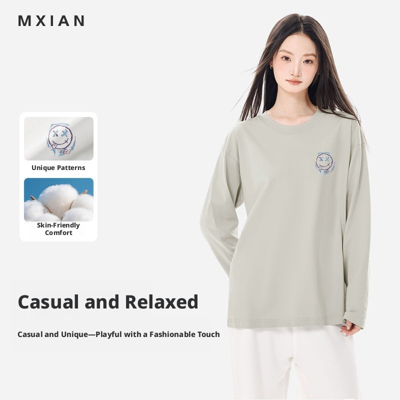 Camiseta solta de manga comprida estampada com gola redonda masculina e feminina mesmo estilo americano All-Match Casual