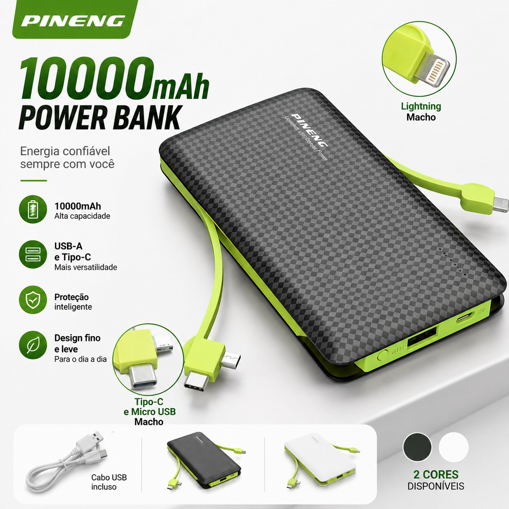 Power Bank Pineng 10000mAh com Cabos Embutidos USB-C e Lightning Carregamento Rápido Portátil