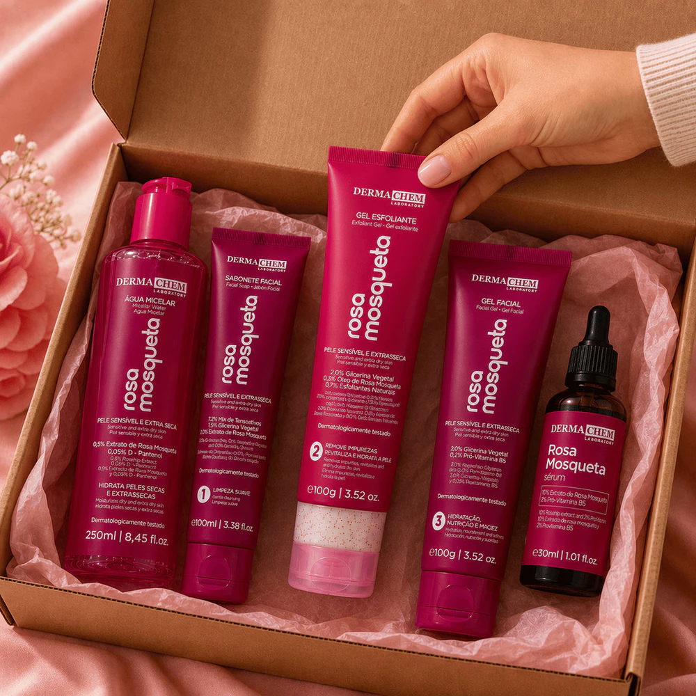 Kit Skin Care Completo Rosa Mosqueta Dermachem 5 Produtos Limpeza de Pele Água Micelar Sérum Hidratante Facial