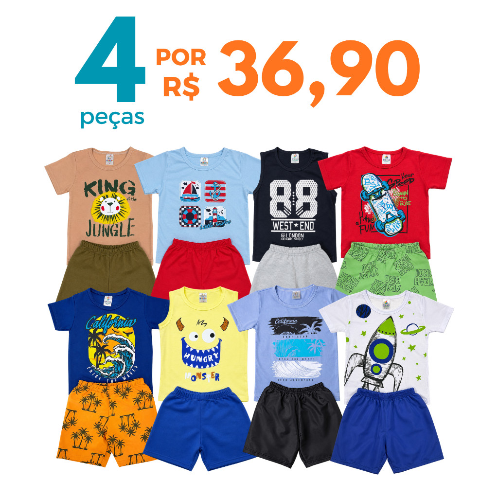 Kit 4 peças Verão Roupa Menino Infantil 2 Camiseta e 2 Shorts/Bermudas Conjuntos Sortidos 2 Conjuntos