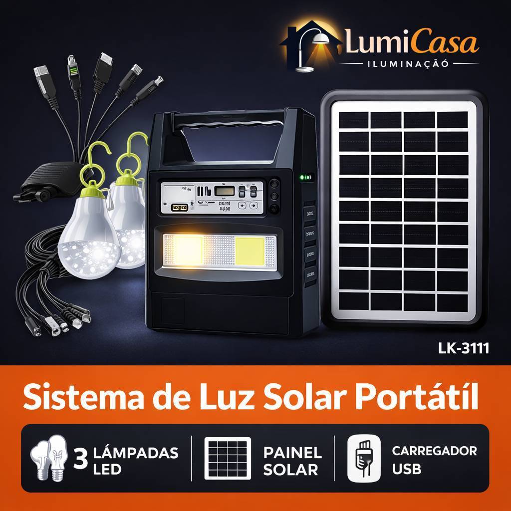 Sistema de Luz Solar Portátil 3 Lâmpadas LED + Painel Solar Carregador USB Lanterna Emergência LK-3111