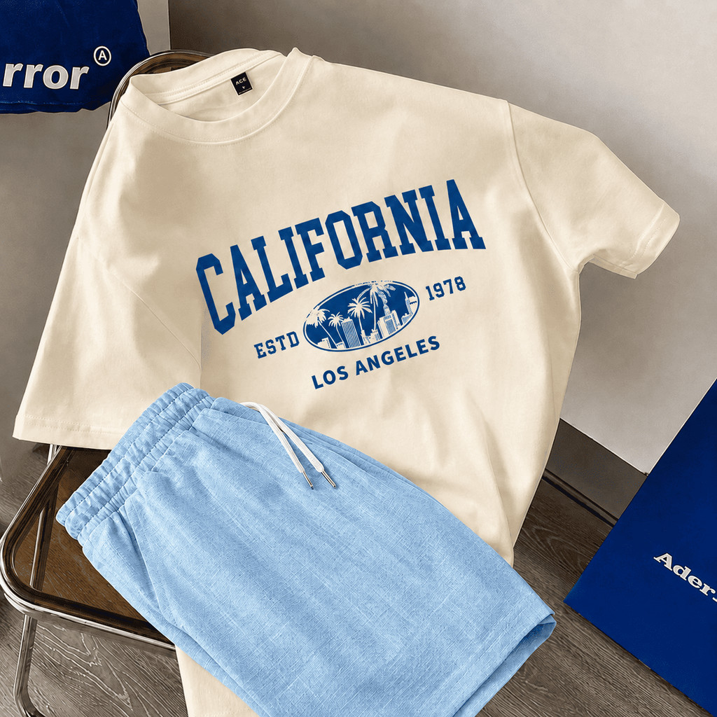 Kit Conjunto Masculino Camiseta Estampada California Algodão Premium Short Linho Verão Streetwear Casual Praia Adulto