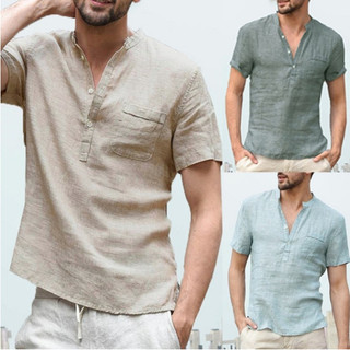 Camiseta masculina de manga curta em algodão e linho, estilo novo de verão, com gola alta e botões semiabertos, estilo c