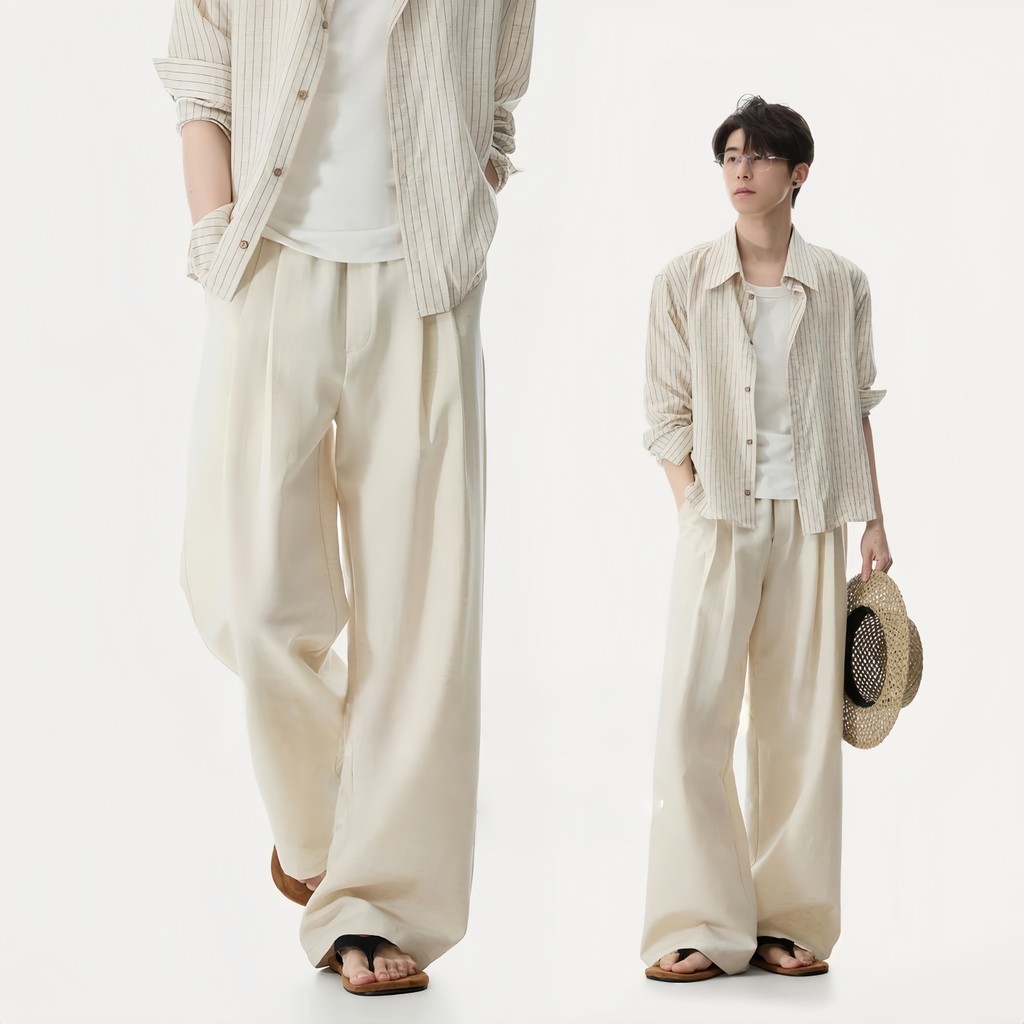 Primavera verão [linho Lyocell Tencel] estilo dinheiro antigo solto Ration deus calças A linha perna larga ligeiramente 